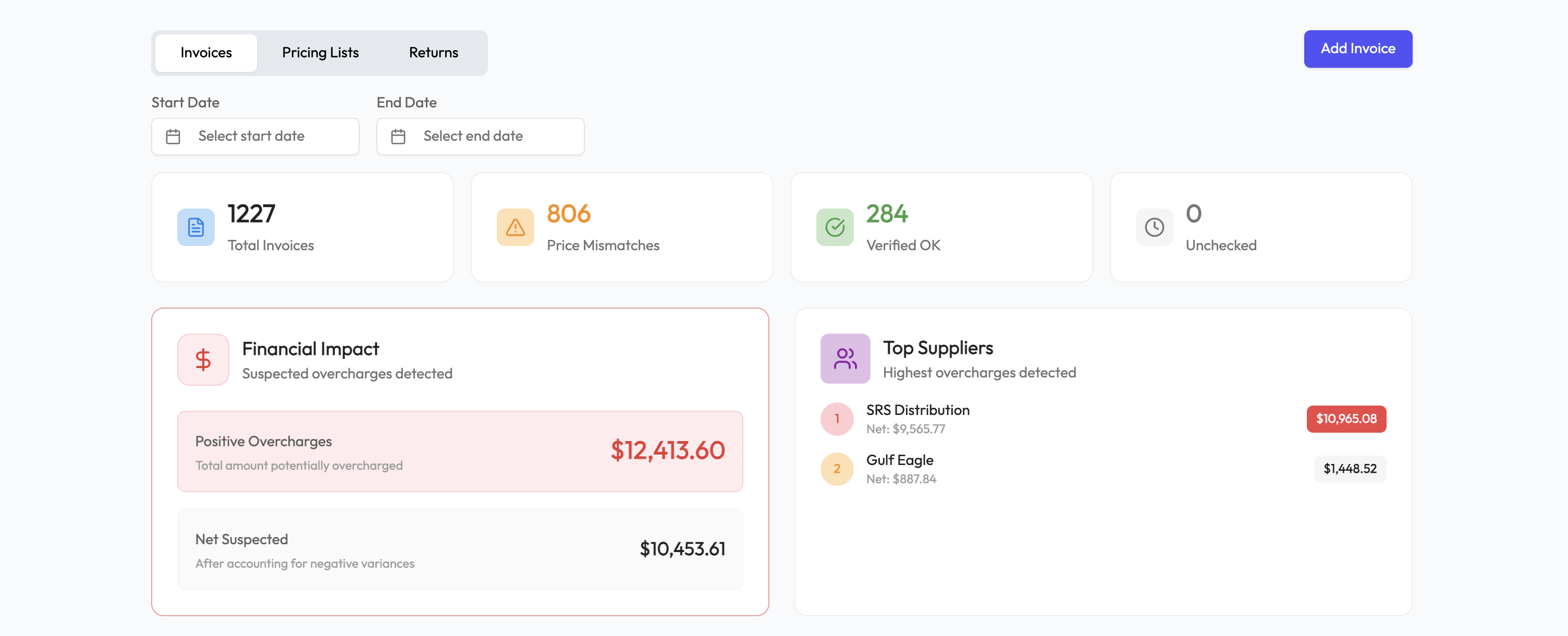 Invoice Verification dashboard in Hibe